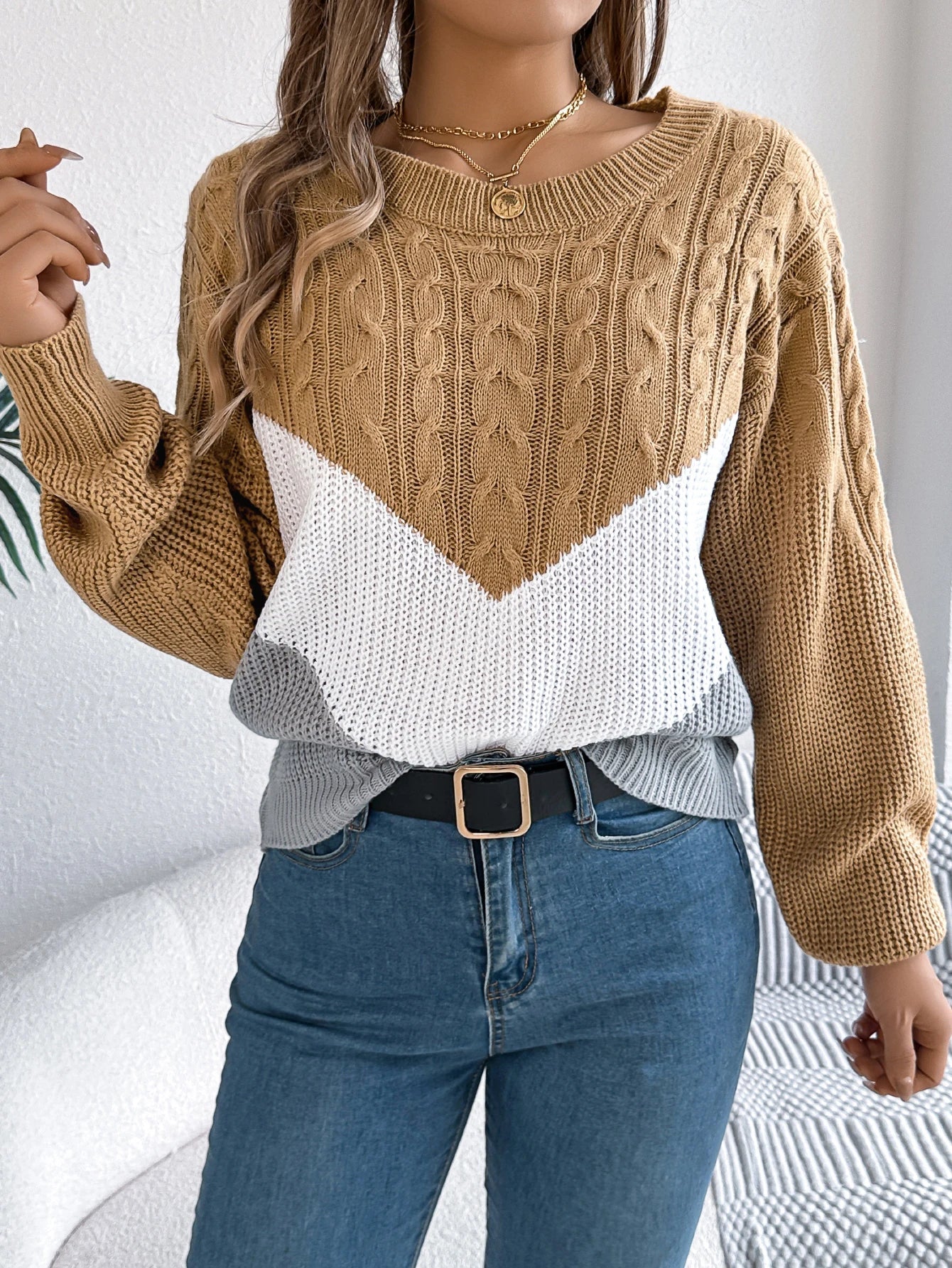 Femme Pull Tricot Chevron Col Rond Manches Longues Casual Hiver - Hiverline