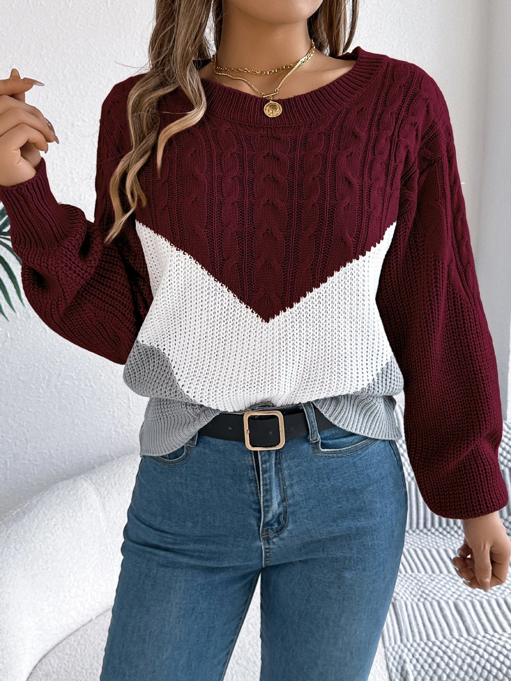 Femme Pull Tricot Chevron Col Rond Manches Longues Casual Hiver - Hiverline