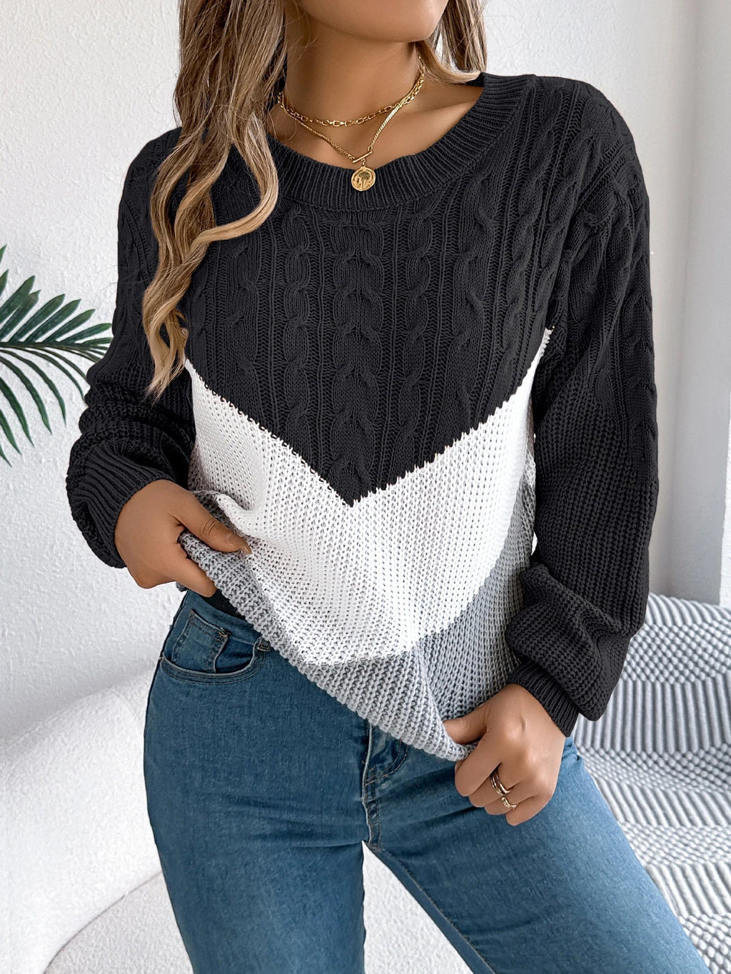 Femme Pull Tricot Chevron Col Rond Manches Longues Casual Hiver - Hiverline