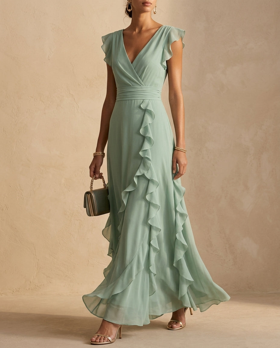 Femme robe longue col en V surcroisé manches courtes à volants - Hiverline