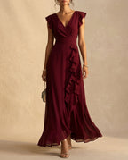 Femme robe longue col en V surcroisé manches courtes à volants - Hiverline