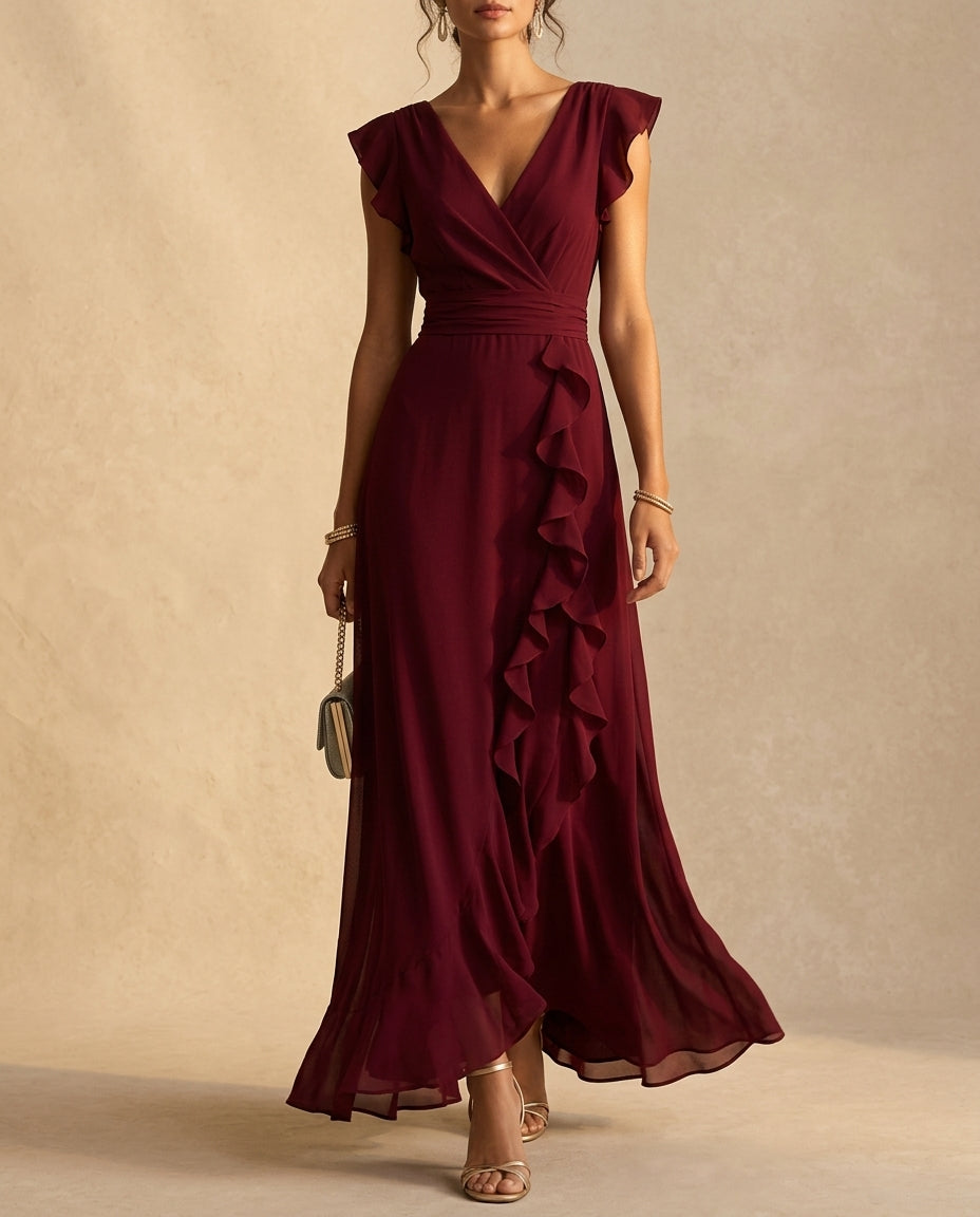 Femme robe longue col en V surcroisé manches courtes à volants - Hiverline