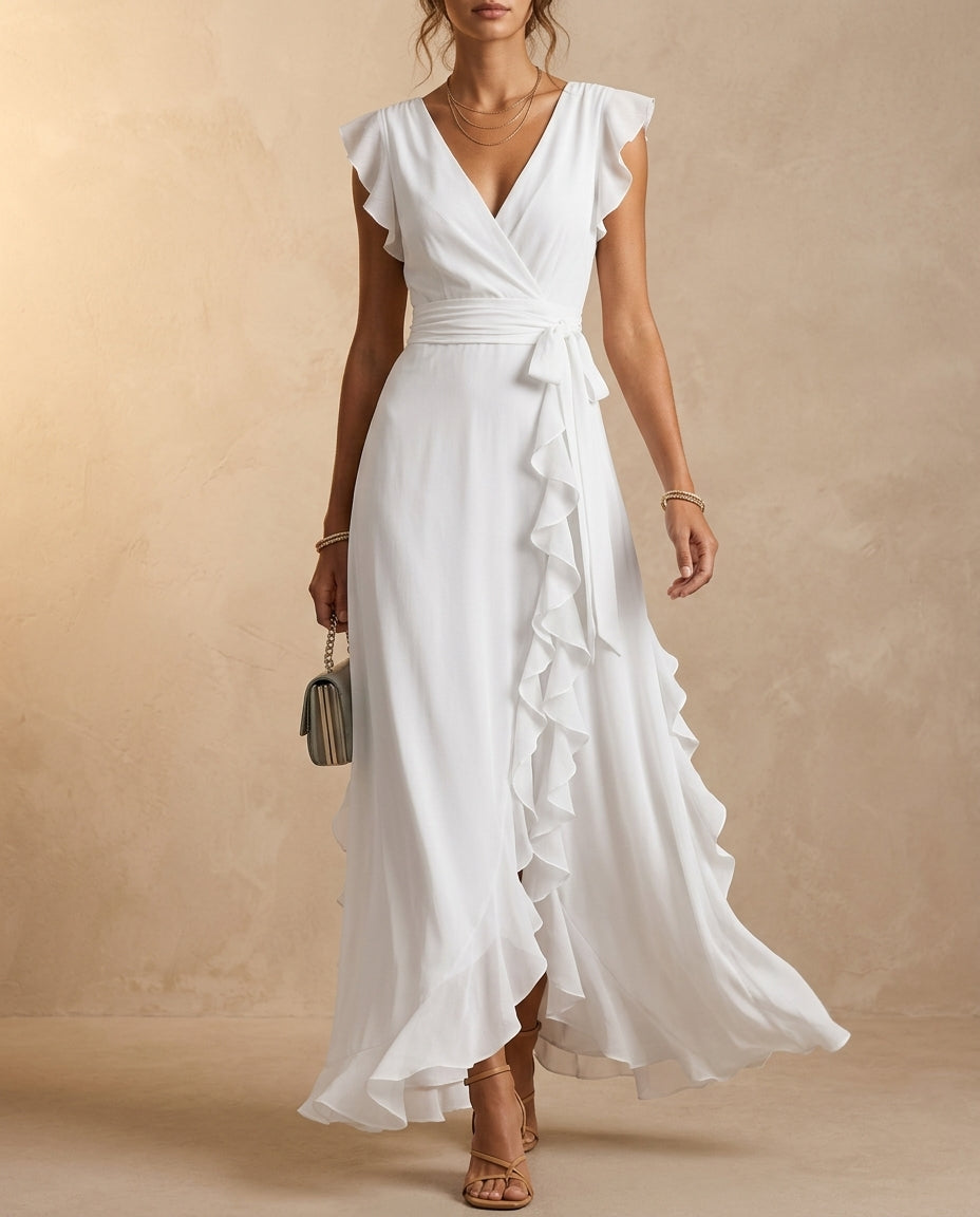Femme robe longue col en V surcroisé manches courtes à volants - Hiverline