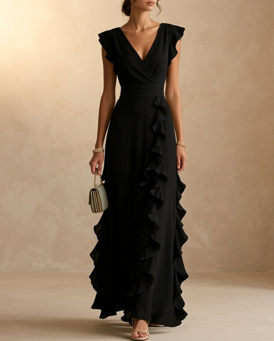 Femme robe longue col en V surcroisé manches courtes à volants - Hiverline