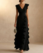 Femme robe longue col en V surcroisé manches courtes à volants - Hiverline