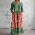 Femme Robe Maxi Boho Florale Ethnique Col V Manches Longues Poches Bohème Casual - Hiverline