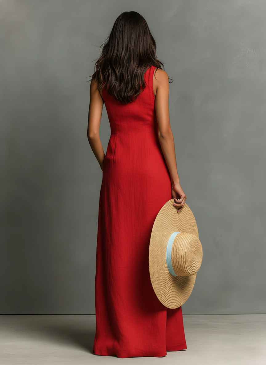 Femme Robe Maxi Chemise Sans Manches Boutonnage Lin Casual Été Vacances - Hiverline
