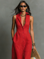 Femme Robe Maxi Chemise Sans Manches Boutonnage Lin Casual Été Vacances - Hiverline