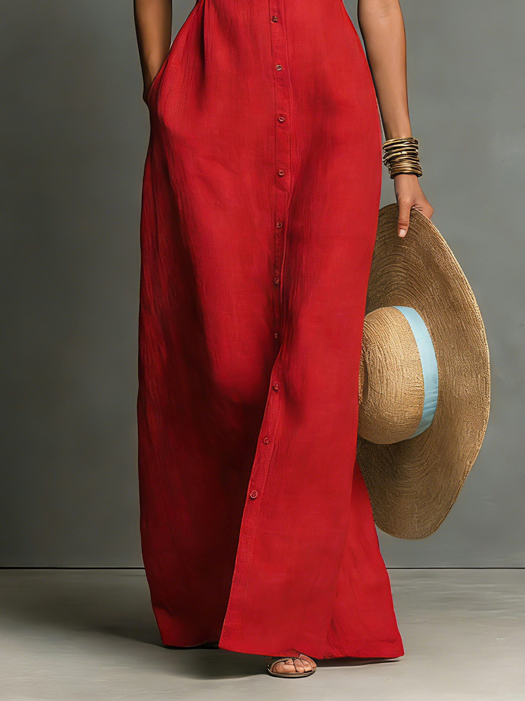 Femme Robe Maxi Chemise Sans Manches Boutonnage Lin Casual Été Vacances - Hiverline