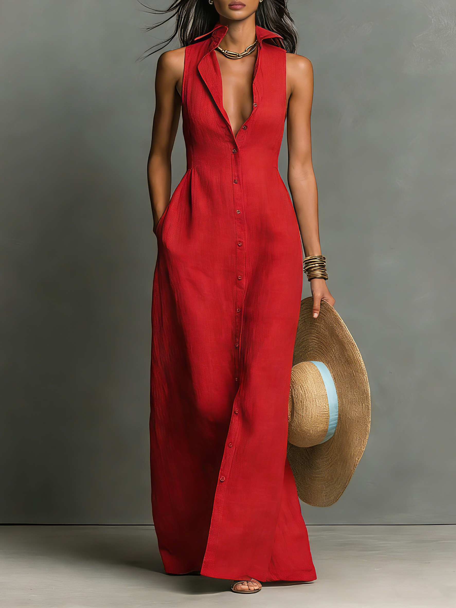 Femme Robe Maxi Chemise Sans Manches Boutonnage Lin Casual Été Vacances - Hiverline