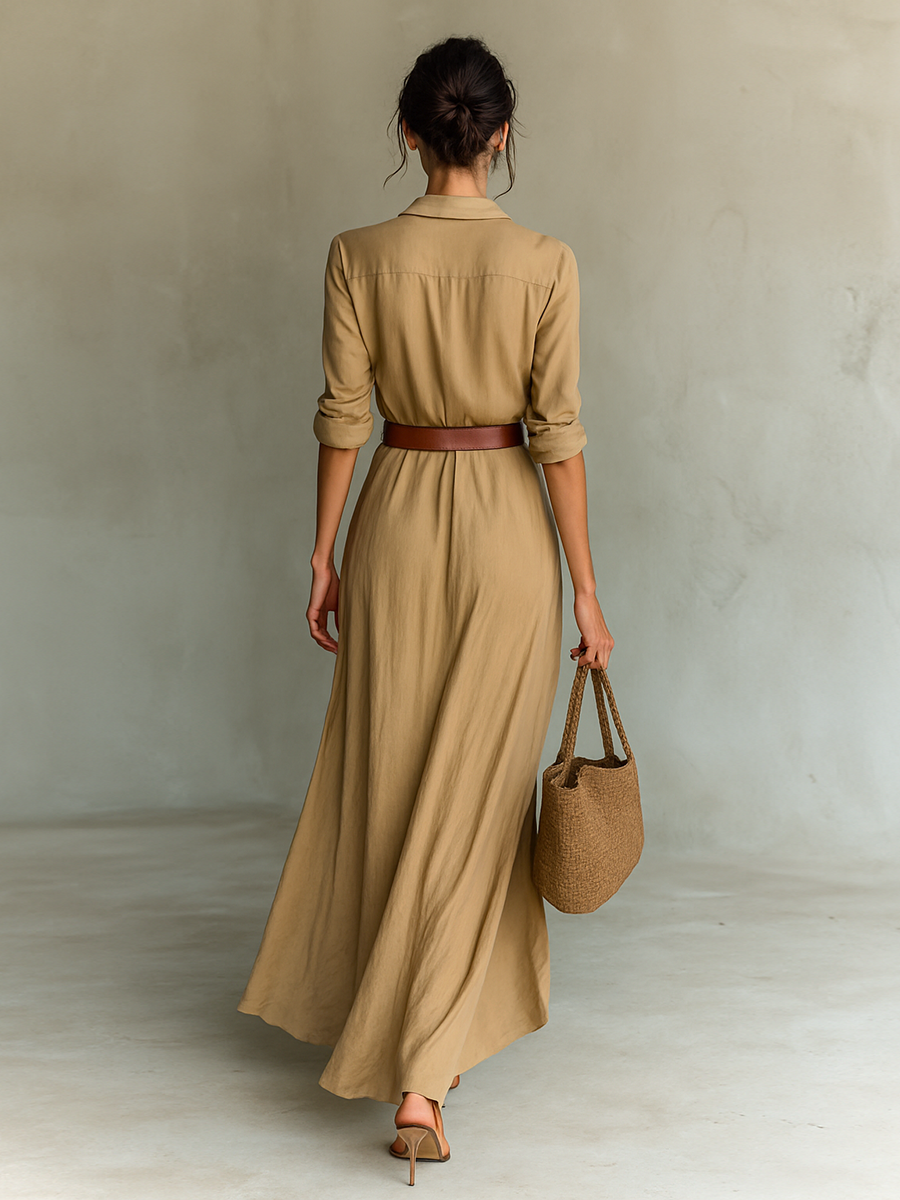 Robe Longue Élégante de Cowgirl pour Femme avec Col à Revers, Boutonnage Simple, Ceinture à la Taille, Manches Longues, Décontractée – Camel