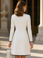 Robe Midi Élégante à Colorblock pour Femme en Laine Synthétique avec Boutons et Col Rond – Blanc Ivoire