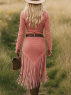 Robe Midi à Franges en Suède Rétro Western pour Femmes, Manches Longues, Col à Revers, Fermeture Éclair, Ceinturée, Silhouette Élancée, Fête Cowgirl, Festival – Tan