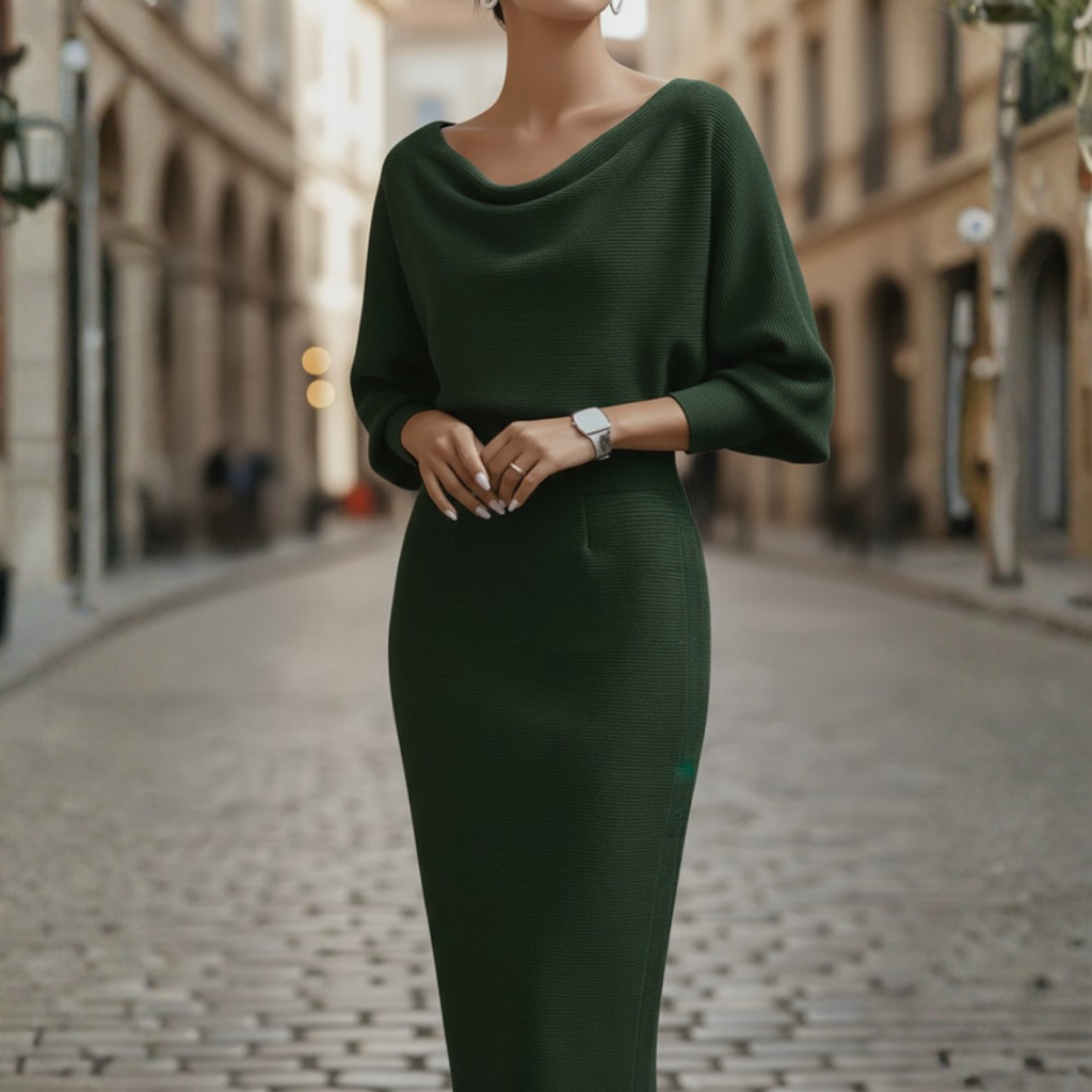 Robe Midi Élégante à Col Bateau pour Femme à Manches Longues – Bureau, Cocktail, Invité de Mariage – Gris Noir Beige Bleu