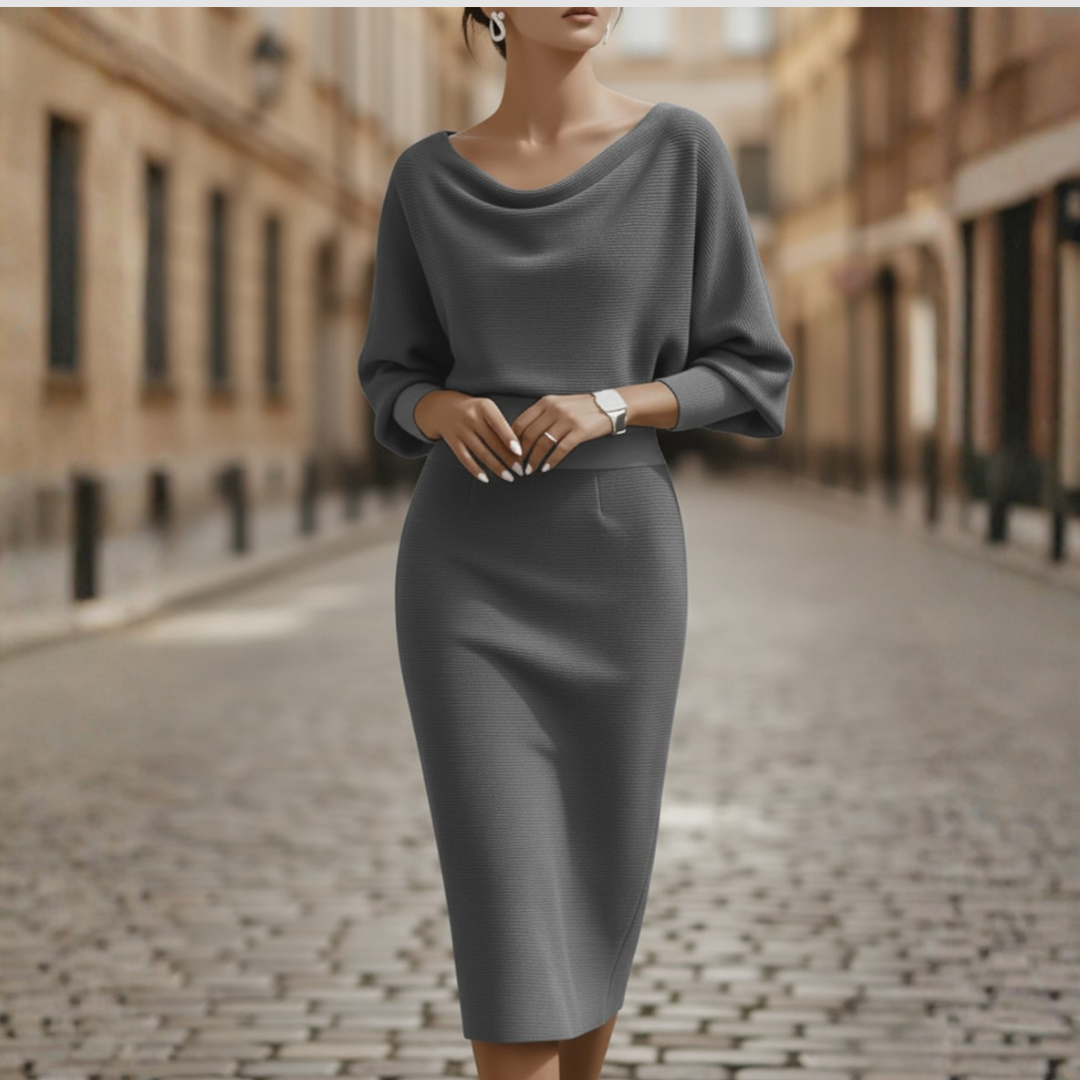 Robe Midi Élégante à Col Bateau pour Femme à Manches Longues – Bureau, Cocktail, Invité de Mariage – Gris Noir Beige Bleu