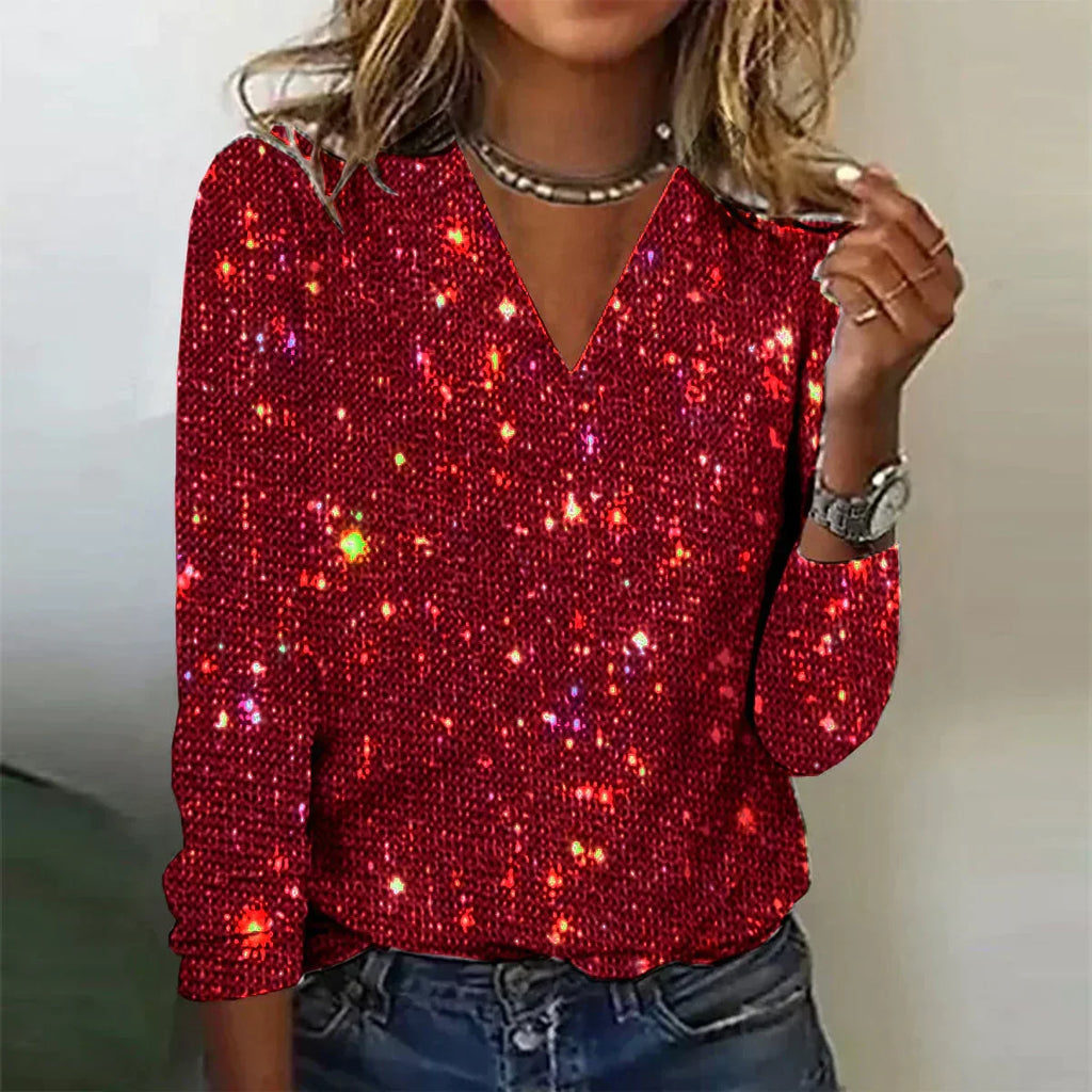 Haut Femme Col V Manches Longues Scintillant Sequins Soirée Fête - Hiverline