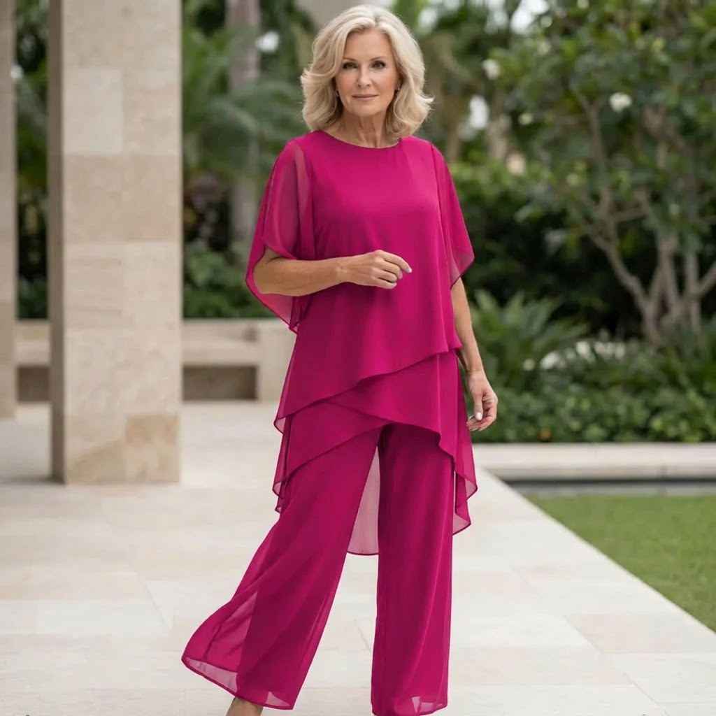 Damen Büro-Outfit mit drapiertem Oberteil und weitem, asymmetrischem Palazzo-Hose – Sienna