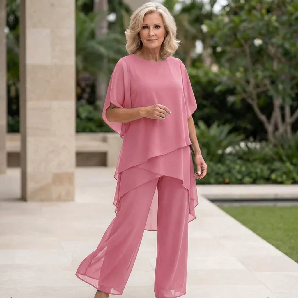 Damen Büro-Outfit mit drapiertem Oberteil und weitem, asymmetrischem Palazzo-Hose – Sienna