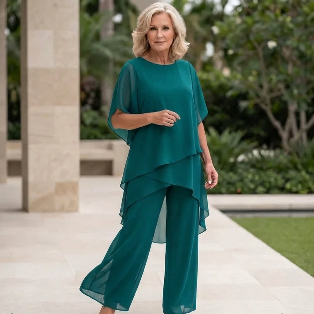 Damen Büro-Outfit mit drapiertem Oberteil und weitem, asymmetrischem Palazzo-Hose – Sienna