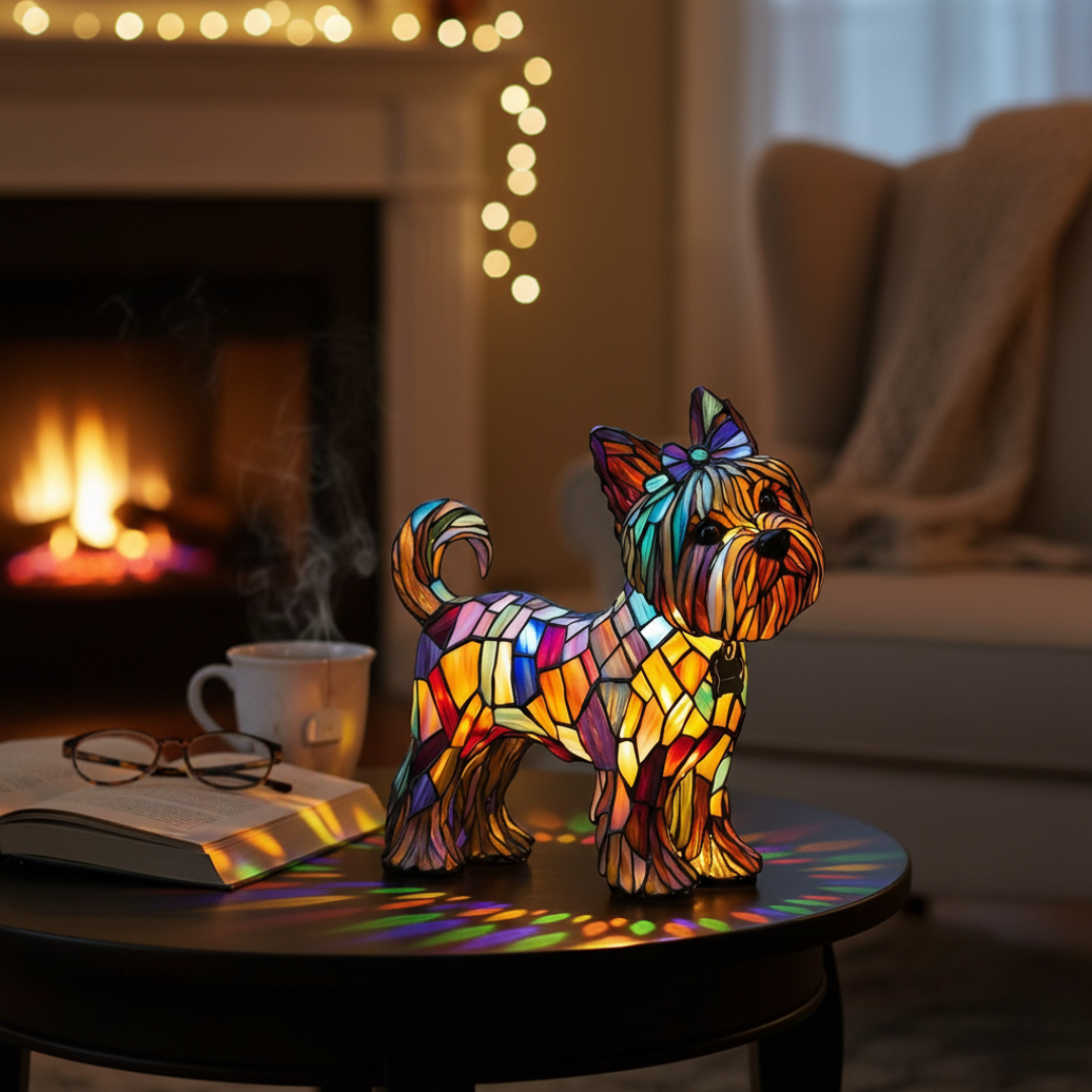 Lampe Décorative Yorkshire Terrier Vitrail Multicolore Géométrique Fait Main Lumière Chaude USB – Radiant Yorkie