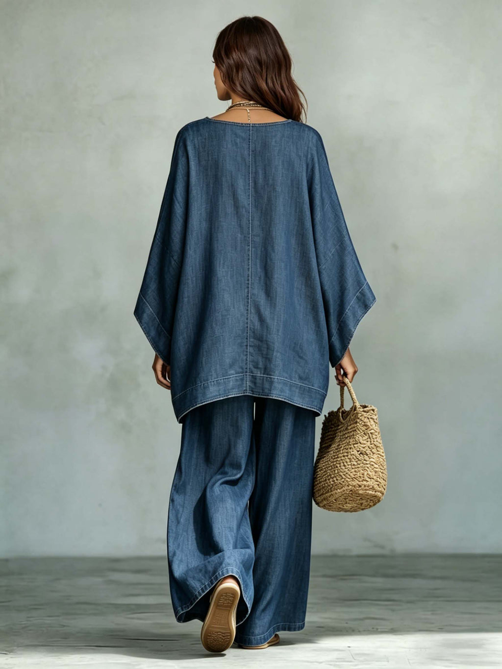 Dames tweedelig set van denim, top met vleermuismouwen, asymmetrisch, wijde vloeiende broek, casual chic, dagelijks, vakantie – Denimara