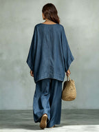 Dames tweedelig set van denim, top met vleermuismouwen, asymmetrisch, wijde vloeiende broek, casual chic, dagelijks, vakantie – Denimara