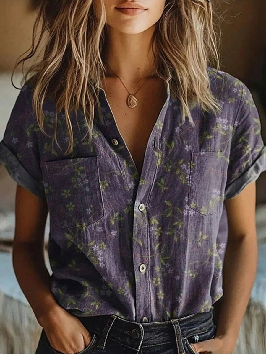 Blouse Vintage à Fleurs pour Femmes avec Col Revers à Manches Courtes, Coupe Décontractée, Casual Semi-Formel – Violet