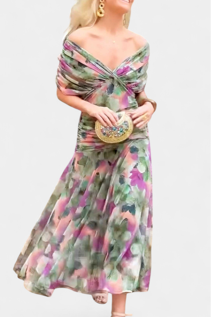 Robe Midi Élégante Femme à Épaules Dénudées, Bodice Drapé et Froncé, Florale et Féminine – Lowenna