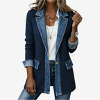 Veste Femme Maille Côtelée et Denim Contrastant, Col Rabattu et Boutons