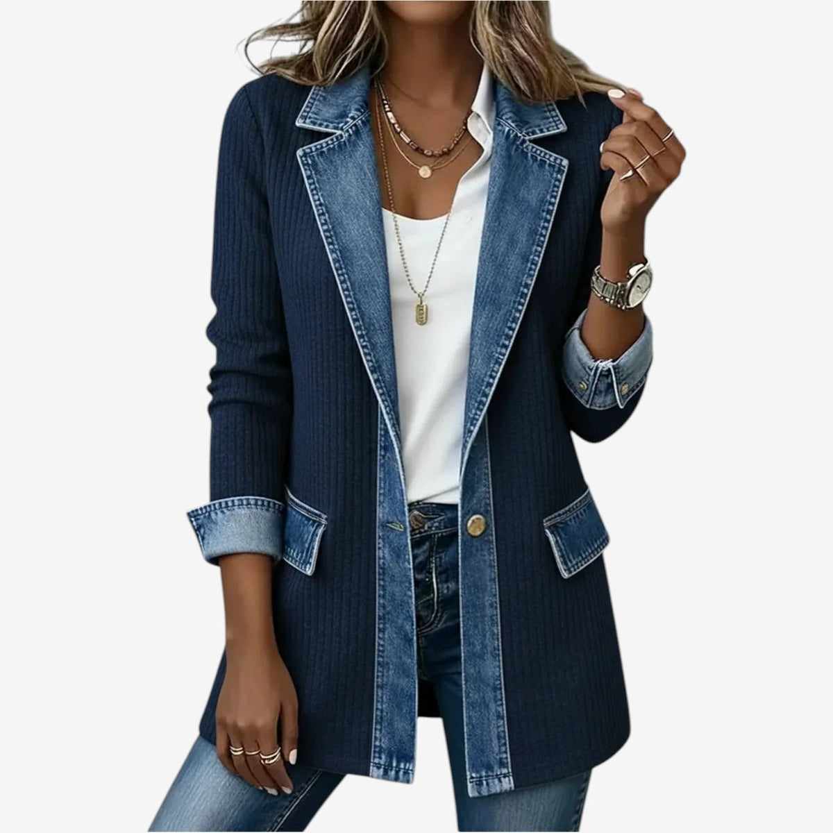 Veste Femme Maille Côtelée et Denim Contrastant, Col Rabattu et Boutons
