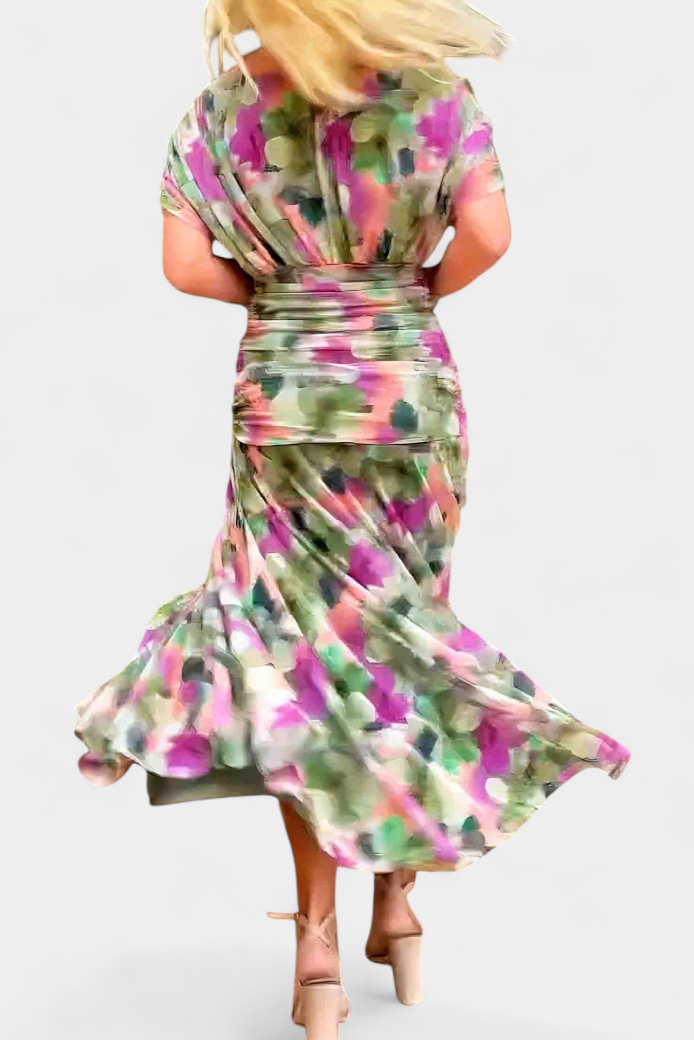 Robe Midi Élégante Femme à Épaules Dénudées, Bodice Drapé et Froncé, Florale et Féminine – Lowenna