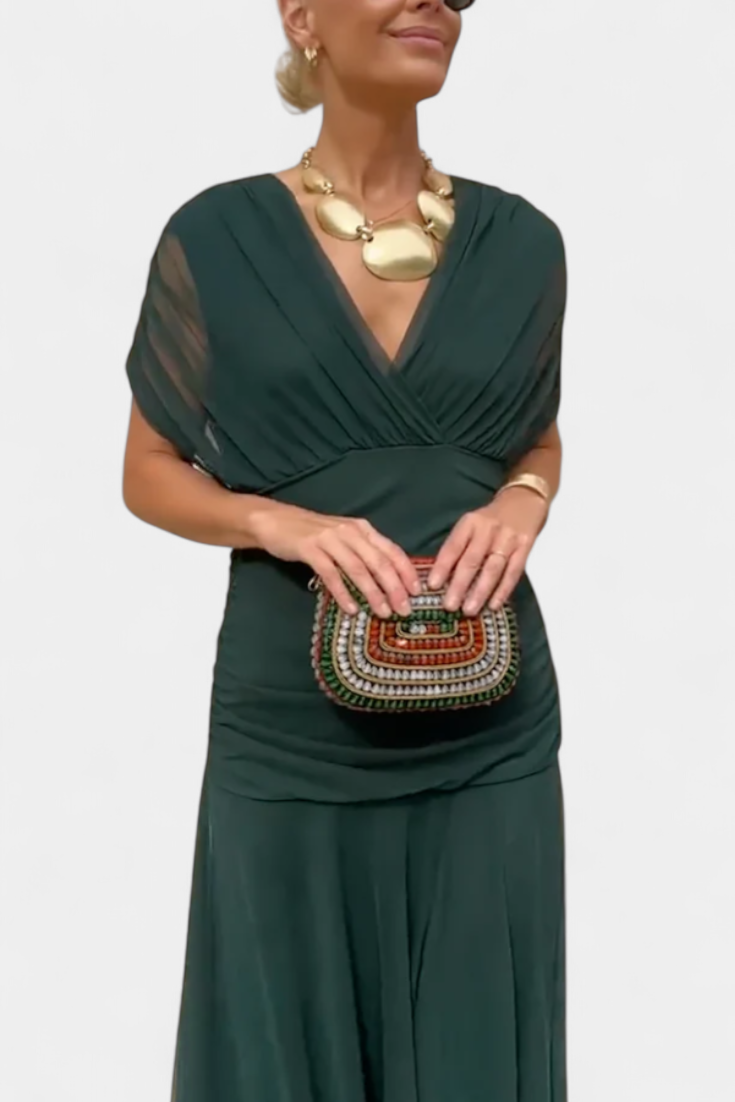 Robe Midi Élégante Femme à Épaules Dénudées, Bodice Drapé et Froncé, Florale et Féminine – Lowenna