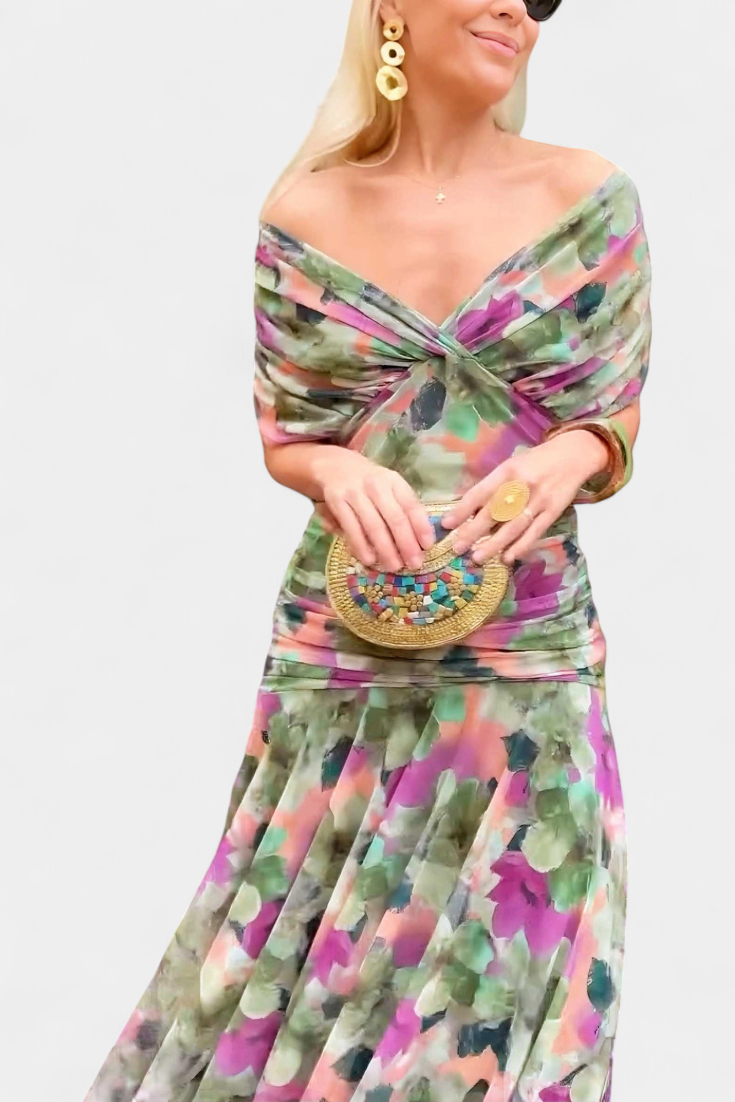 Robe Midi Élégante Femme à Épaules Dénudées, Bodice Drapé et Froncé, Florale et Féminine – Lowenna