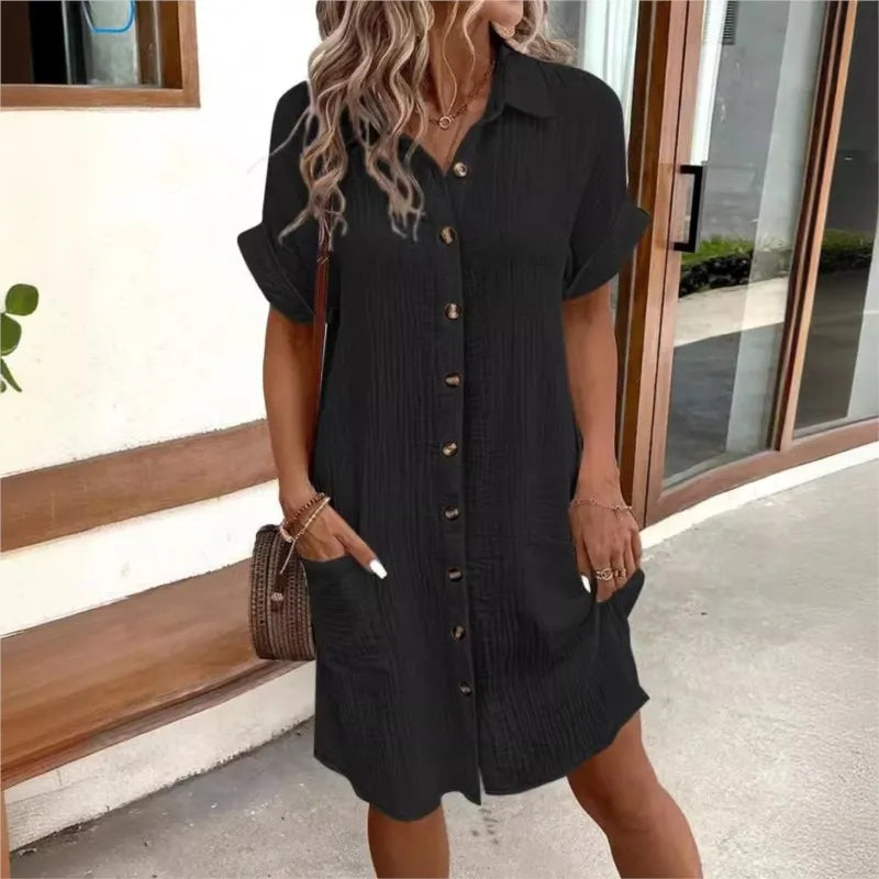 Robe Chemise d'Été Femme avec Col Boutonnée à Manches Courtes Poches Décontractée Look Lin Entretien Facile – Carlijn