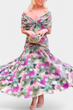 Robe Midi Élégante Femme à Épaules Dénudées, Bodice Drapé et Froncé, Florale et Féminine – Lowenna