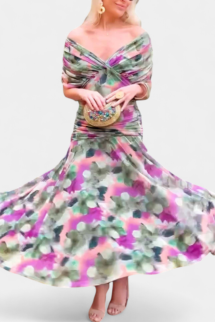 Robe Midi Élégante Femme à Épaules Dénudées, Bodice Drapé et Froncé, Florale et Féminine – Lowenna