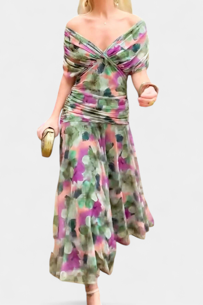 Robe Midi Élégante Femme à Épaules Dénudées, Bodice Drapé et Froncé, Florale et Féminine – Lowenna