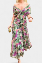 Robe Midi Élégante Femme à Épaules Dénudées, Bodice Drapé et Froncé, Florale et Féminine – Lowenna