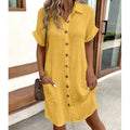 Robe Chemise d'Été Femme avec Col Boutonnée à Manches Courtes Poches Décontractée Look Lin Entretien Facile – Carlijn