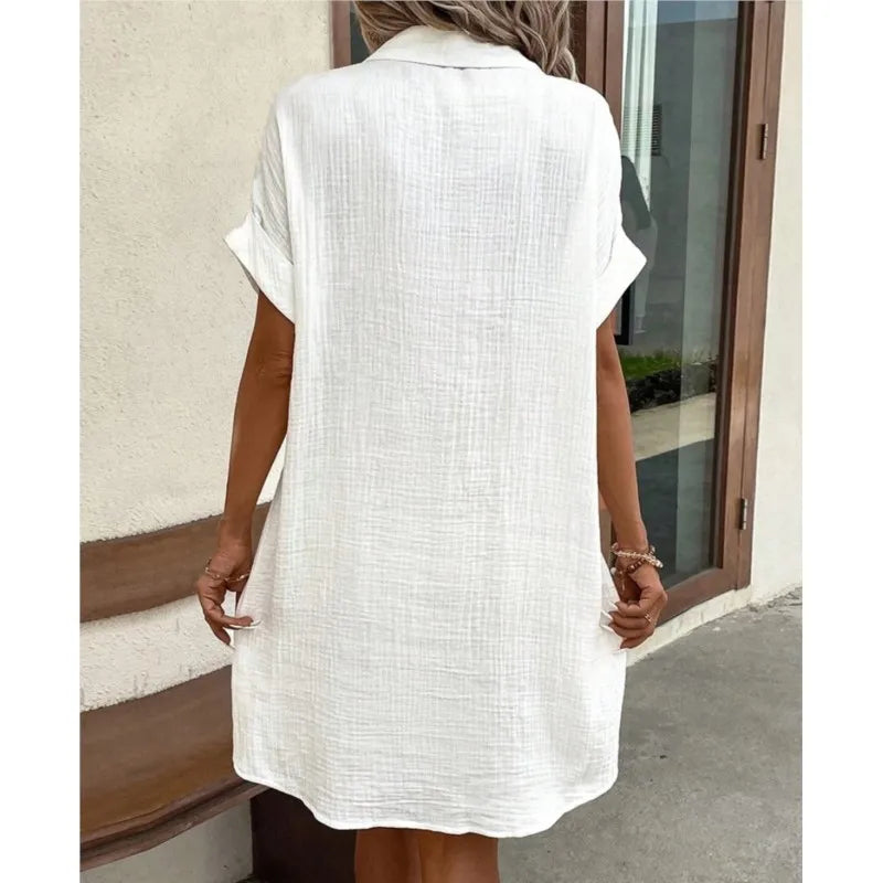 Robe Chemise d'Été Femme avec Col Boutonnée à Manches Courtes Poches Décontractée Look Lin Entretien Facile – Carlijn