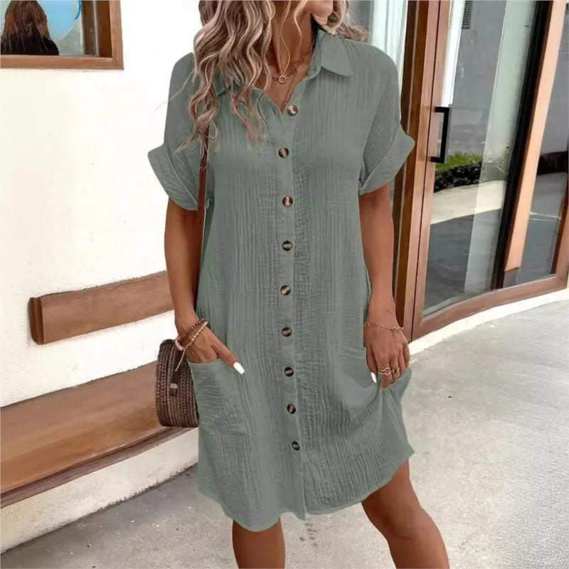 Robe Chemise d'Été Femme avec Col Boutonnée à Manches Courtes Poches Décontractée Look Lin Entretien Facile – Carlijn