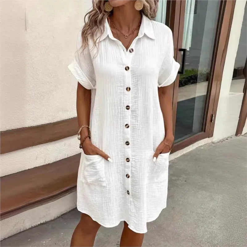 Robe Chemise d'Été Femme avec Col Boutonnée à Manches Courtes Poches Décontractée Look Lin Entretien Facile – Carlijn