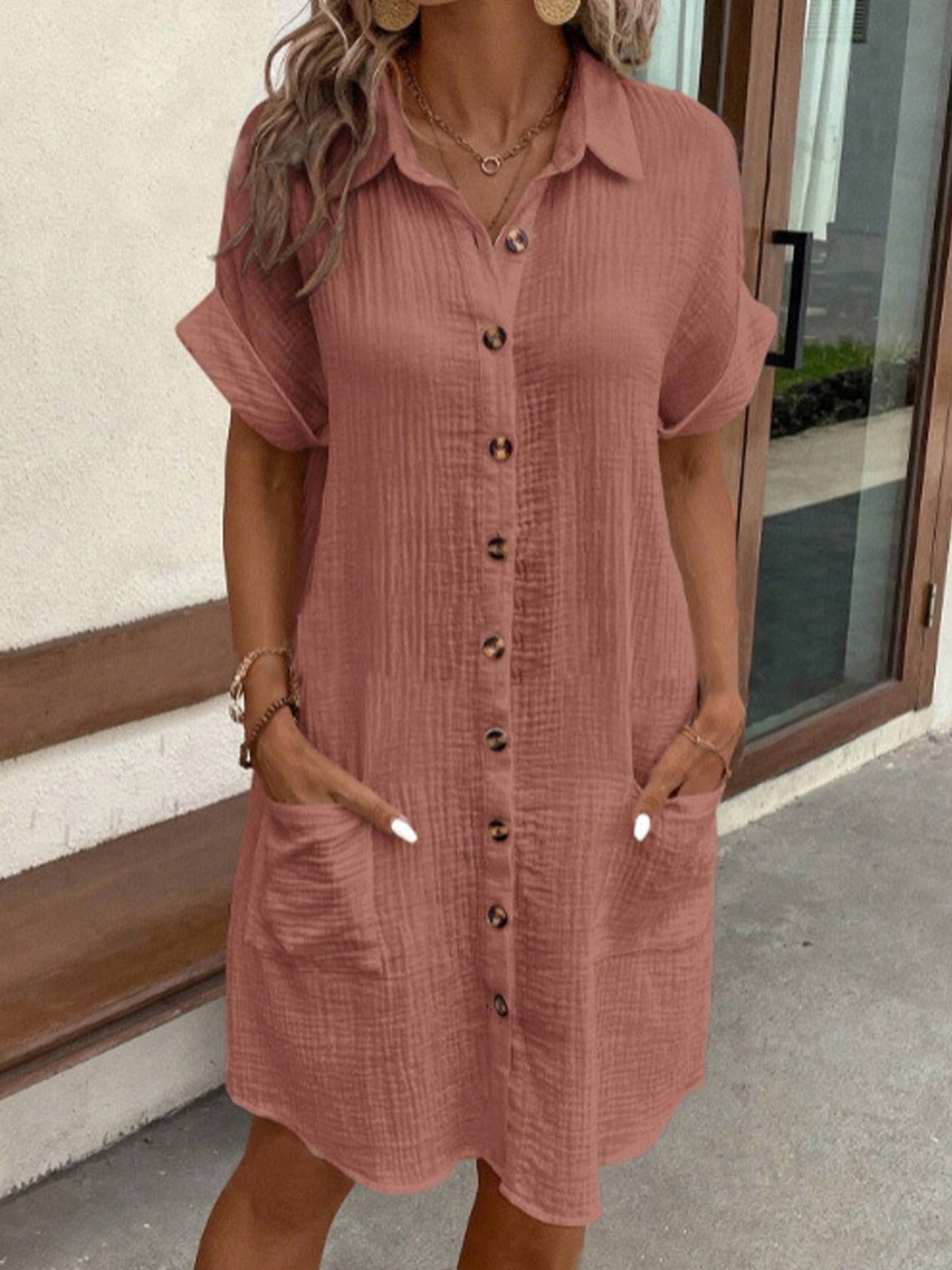 Robe Chemise d'Été Femme avec Col Boutonnée à Manches Courtes Poches Décontractée Look Lin Entretien Facile – Carlijn