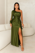 Abito lungo monospalla per donne con maniche fluttuanti e spacco laterale elegante per matrimonio, formale, serata – Helen