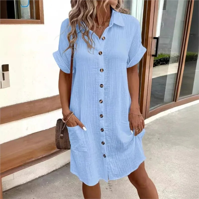 Robe Chemise d'Été Femme avec Col Boutonnée à Manches Courtes Poches Décontractée Look Lin Entretien Facile – Carlijn