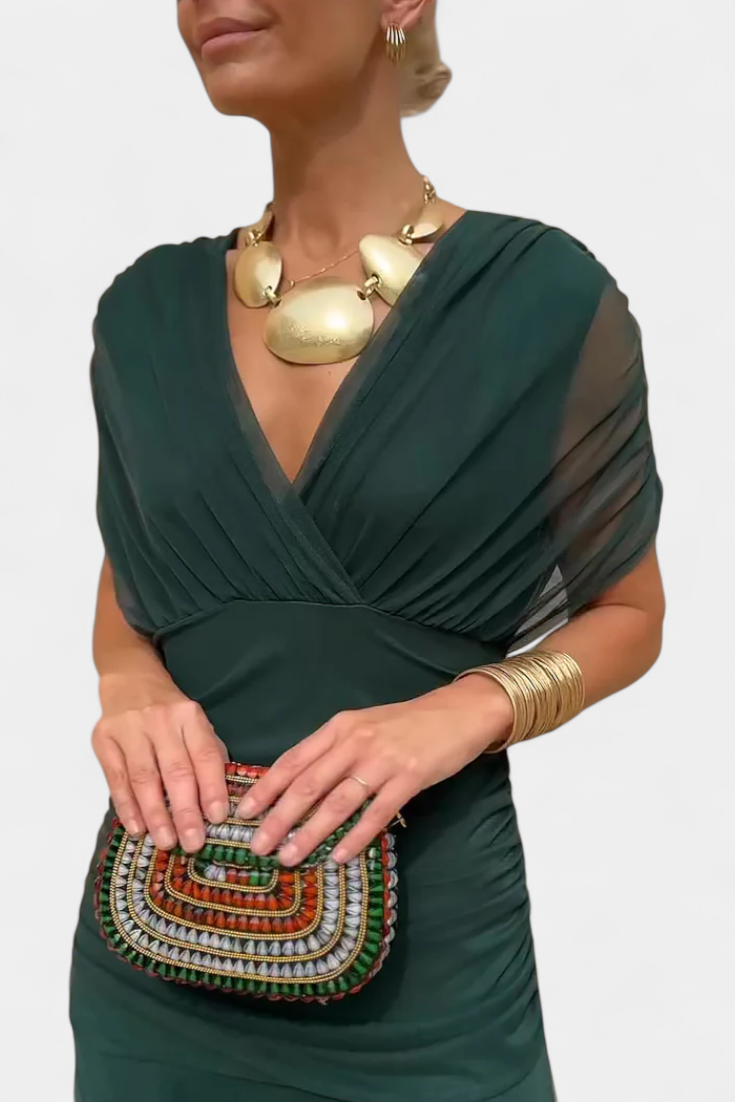 Robe Midi Élégante Femme à Épaules Dénudées, Bodice Drapé et Froncé, Florale et Féminine – Lowenna