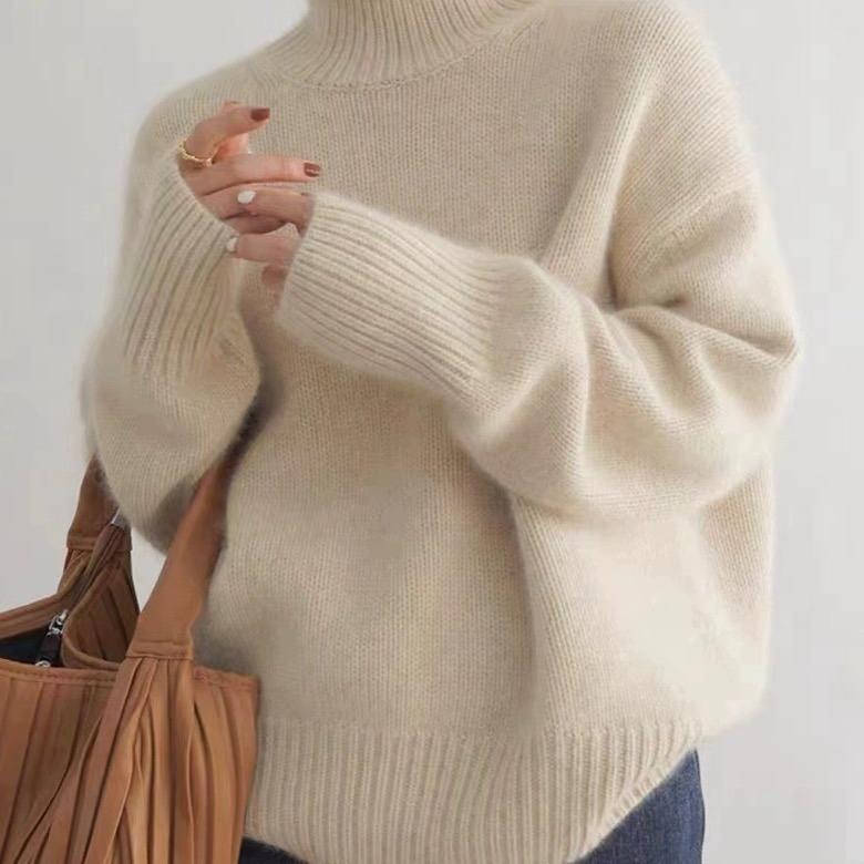 Pull Col Roulé en Cachemire pour Femmes Doux Confortable Coupe Relaxée Chaud Décontracté Élégant Hiver – Beige