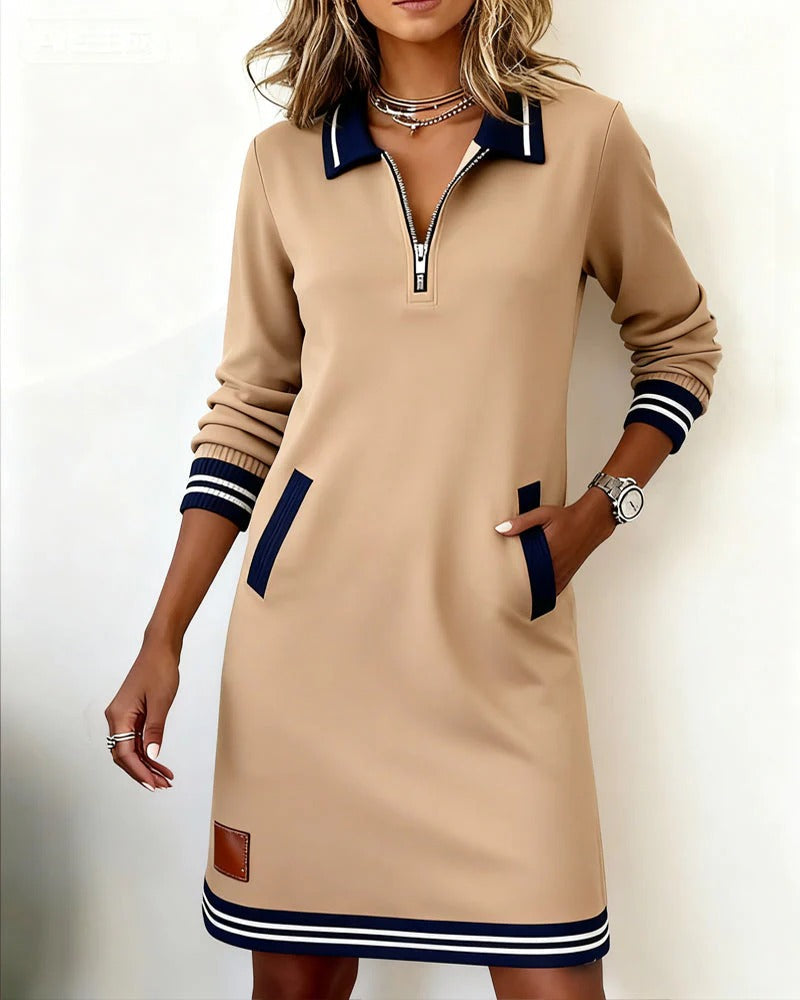 Robe Coton Mélangé Manches Longues Col Revers Fermeture Éclair Poches Femme Casual Chic Automne Hiver Quotidien – Céliane