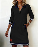 Robe Coton Mélangé Manches Longues Col Revers Fermeture Éclair Poches Femme Casual Chic Automne Hiver Quotidien – Céliane