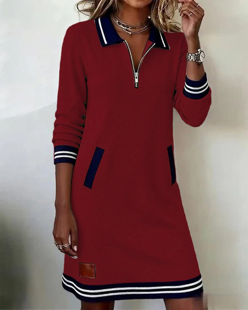 Robe Coton Mélangé Manches Longues Col Revers Fermeture Éclair Poches Femme Casual Chic Automne Hiver Quotidien – Céliane